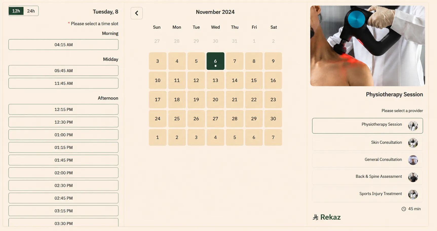 An English booking interface showing service, provider, and available-time selection.