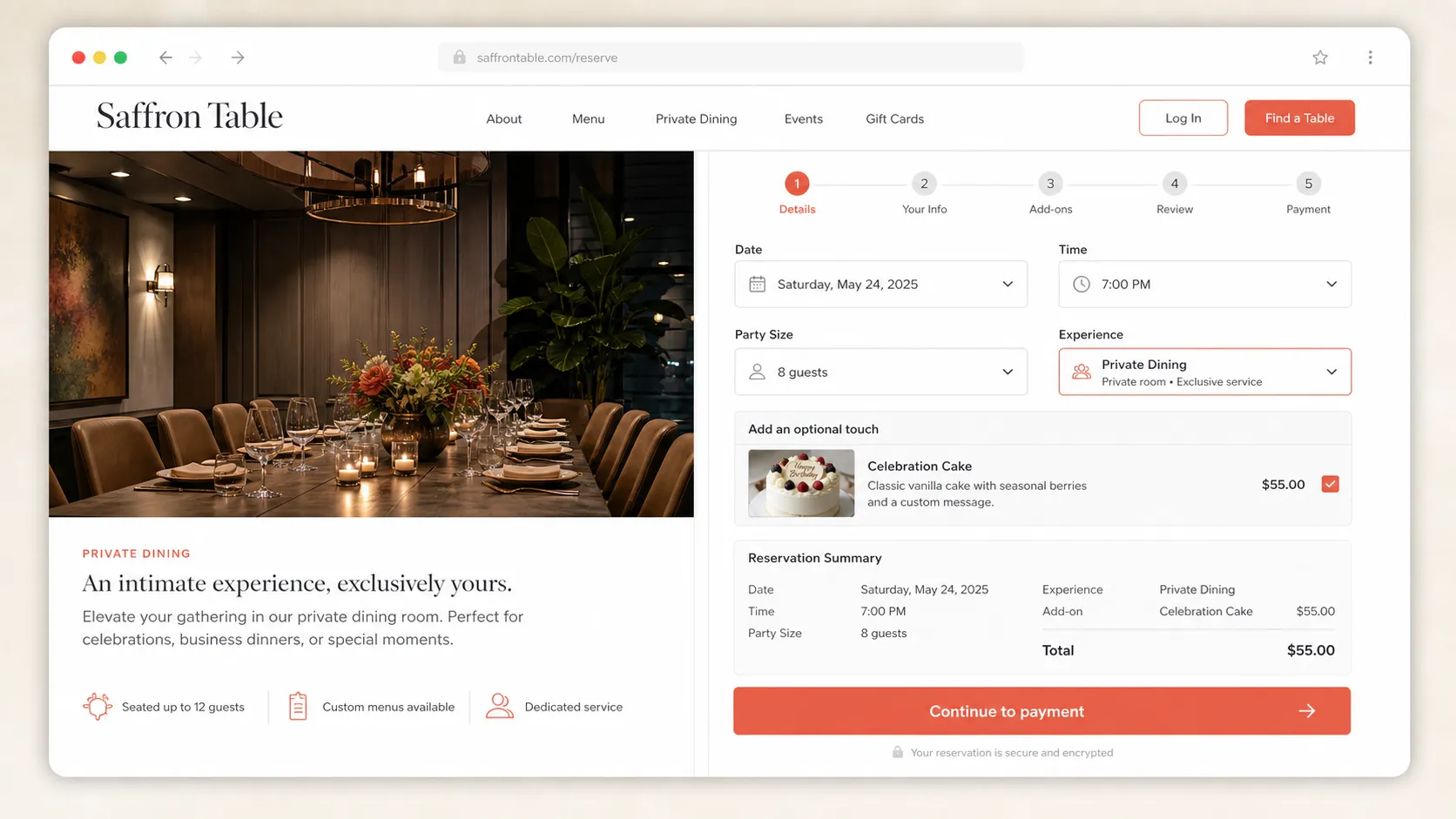 English restaurant reservation booking journey example